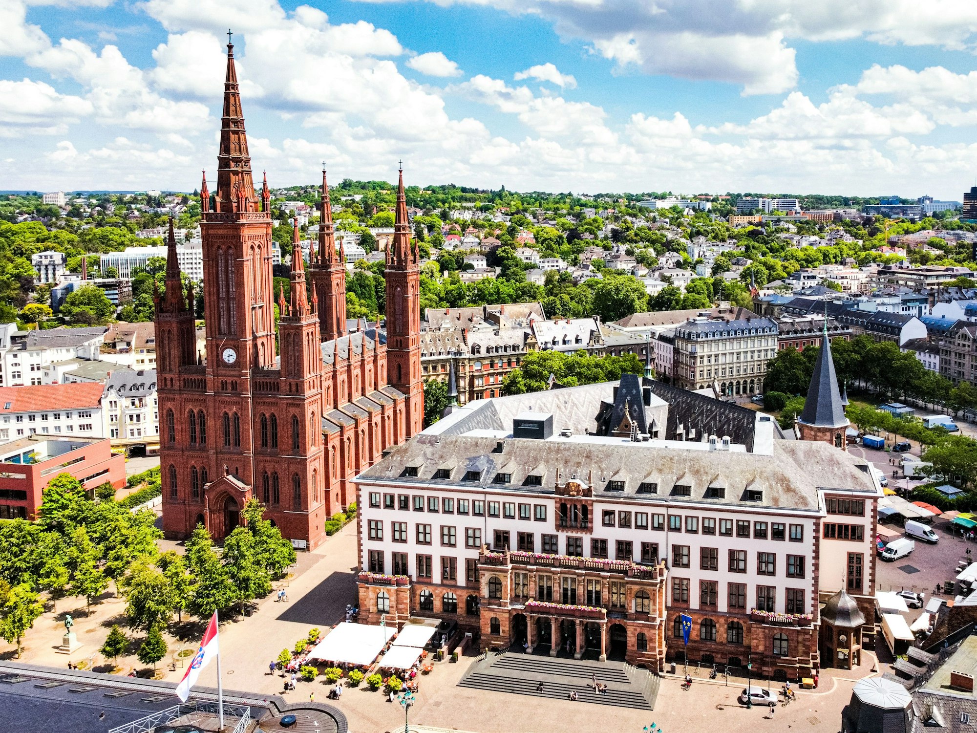 Aerial view of the Market Church in Wiesbaden, Germany