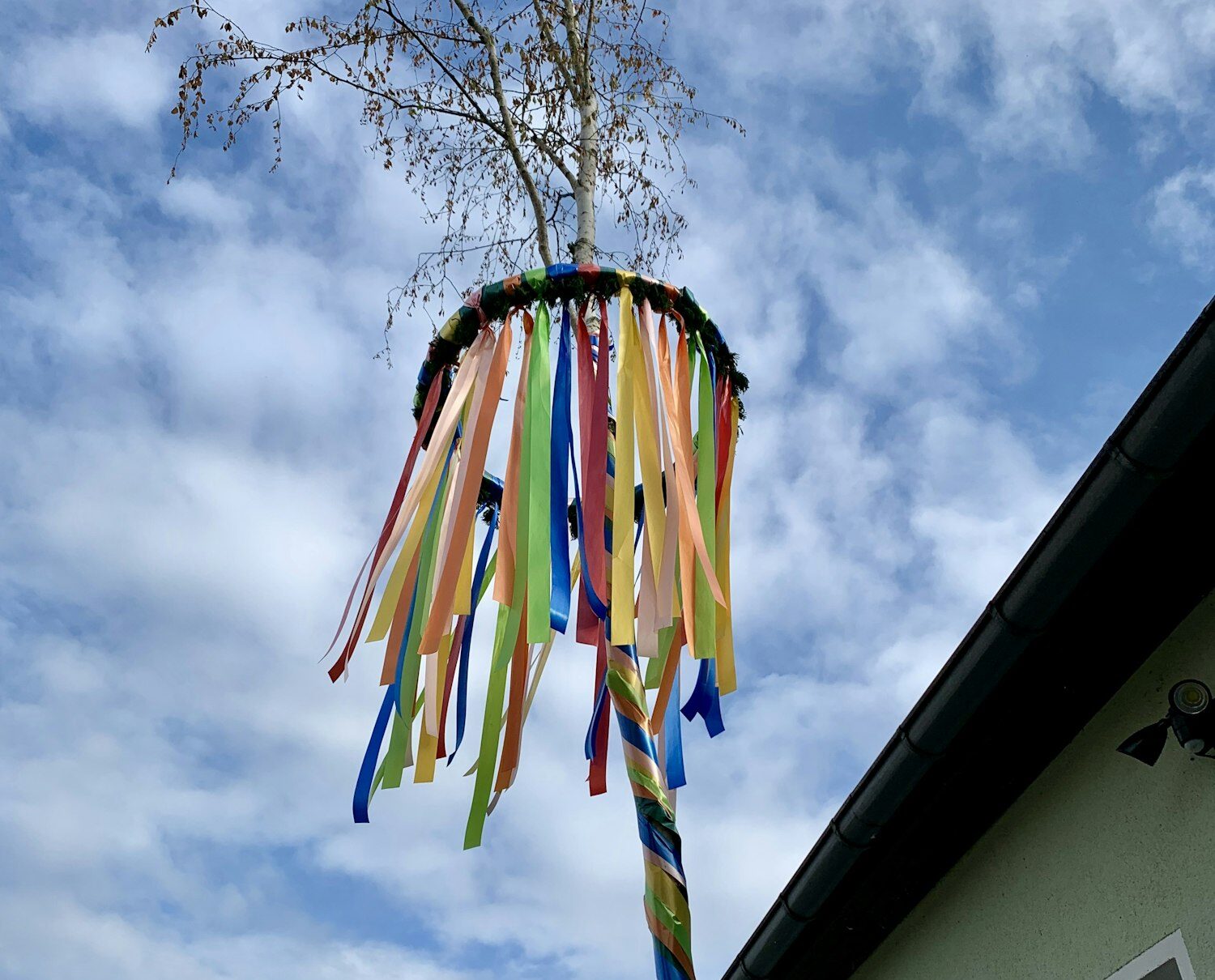Vertical shot of a maibaum near house under a cloudy sky