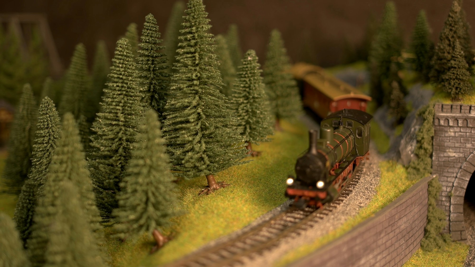 Model train and model railroad close up.