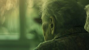 seniorin schaut aus dem fenster