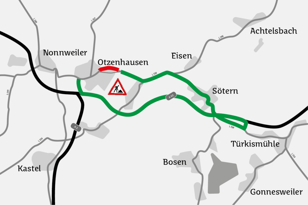 L 330: Vollsperrung erfordert Umleitung über Autobahn A 62