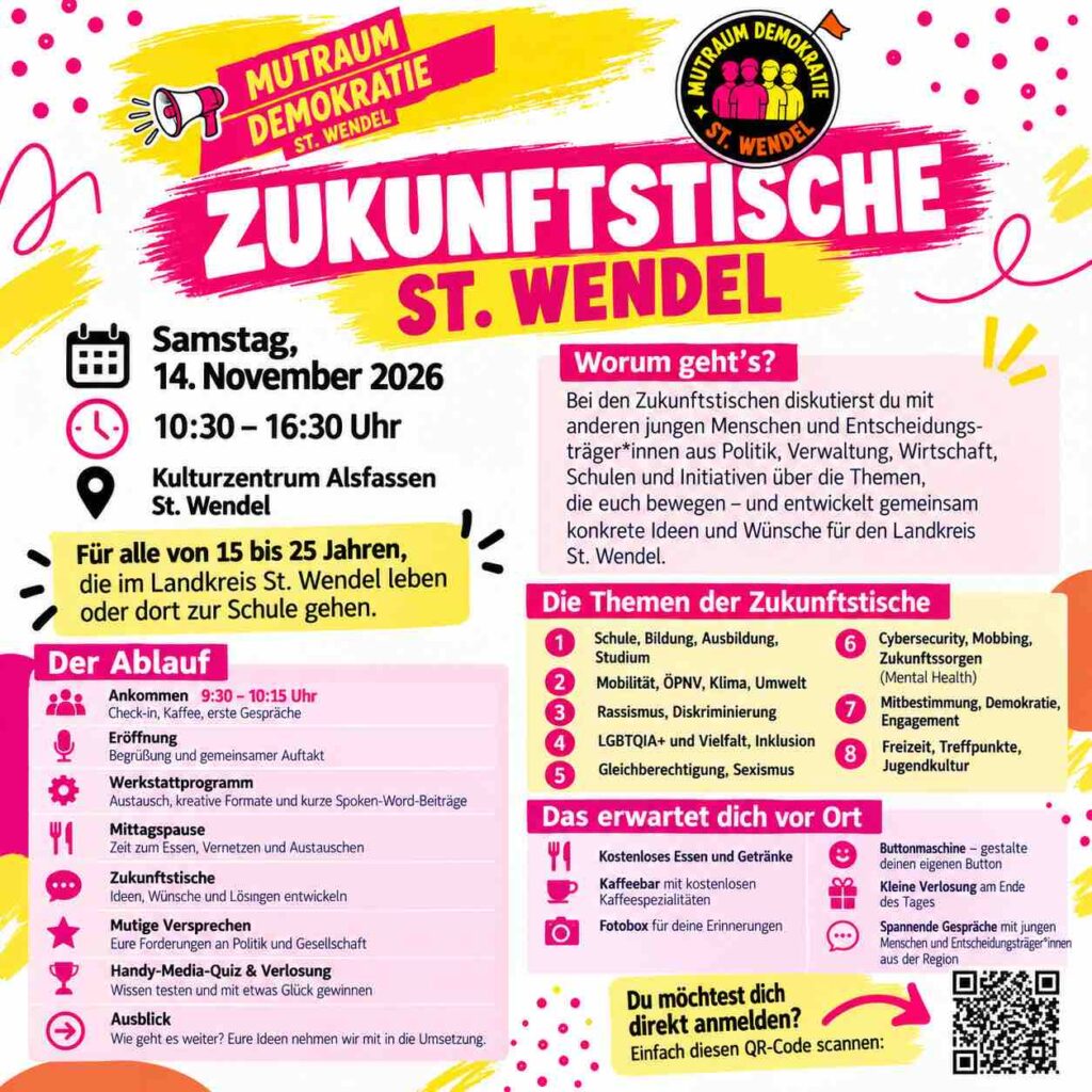 „MutRaum Demokratie“ lädt junge Menschen zu Zukunftstischen ins Kulturzentrum Alsfassen ein